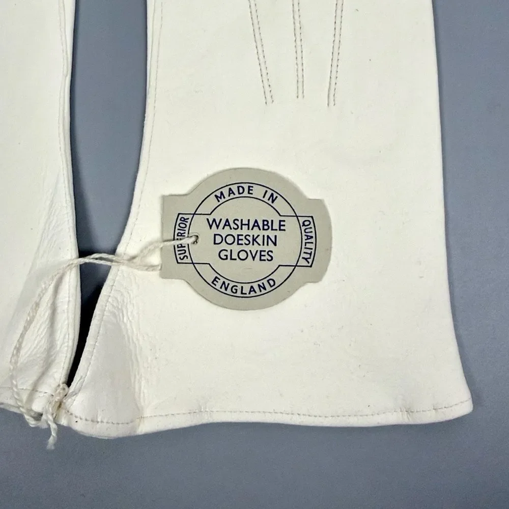 New Vintage White Gloves Washable Doeskin Leather Trimingham Bros sz 7,5 England
